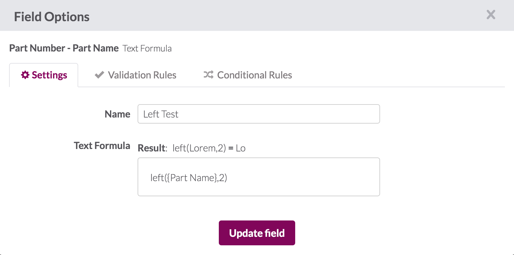 text formulas knack